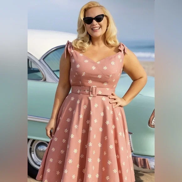 Unique Vintage 50s Prairie Daisy Swing Dress in Powder Pink, Size Large, NWT! - Picture 11 of 16